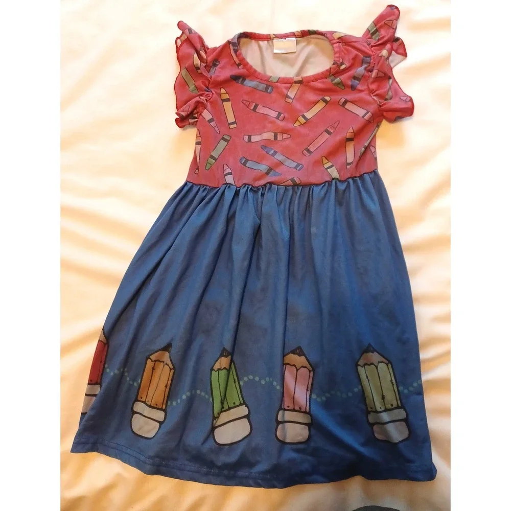 Girls Sz XS Crayon Pencil Print Dress Blue Pink Flutter Sleeve Back to School